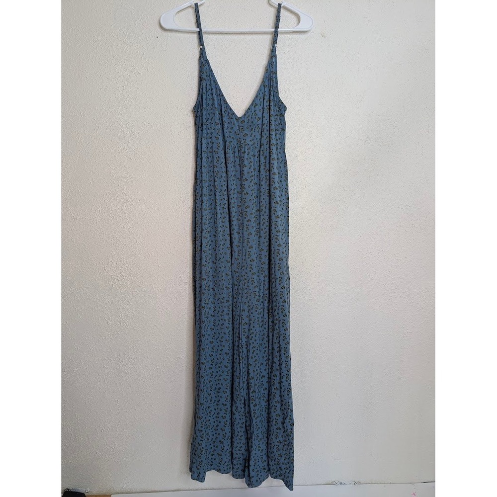 Natural Life Women Jumpsuit Large Blue Floral Spaghetti Strap Boho Cottage Cozy